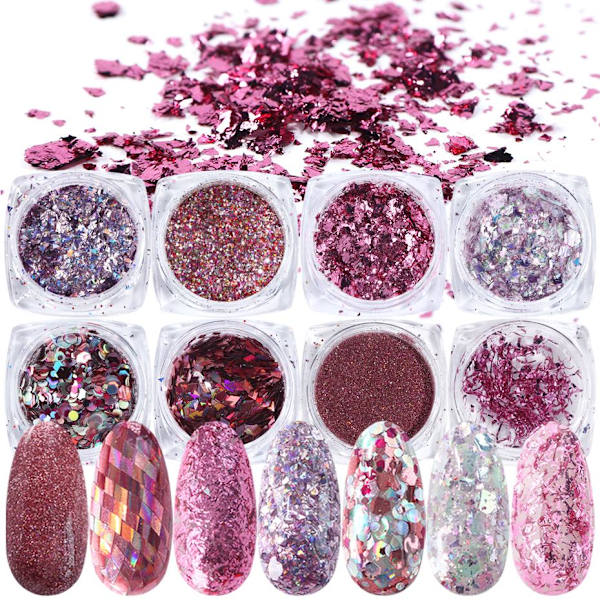 8 stk negl glitter, negl dekorasjoner