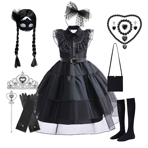 Halloween Wednesday Addams cosplay-kjole for barn i svart chiffon printing 160cm