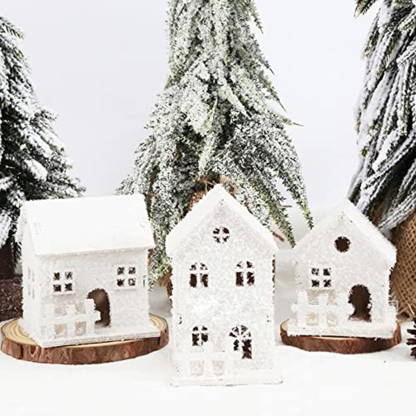 3 stk. Julelandsby snedækket scene, julelandsbyhus hvid, julepynt lys white