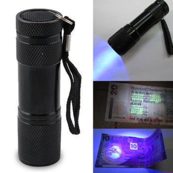 9x UV LED - Smidig & Liten UV-ficklampa Svart black