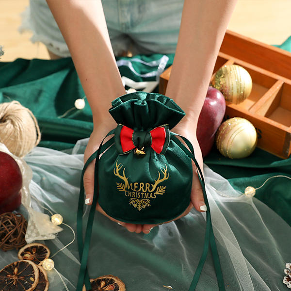 Julklappspåse Juläpple Sammetpåse Julafton Godisask Julafton Frukt Flanell Dragkedjepåse Dark Green-Style 1