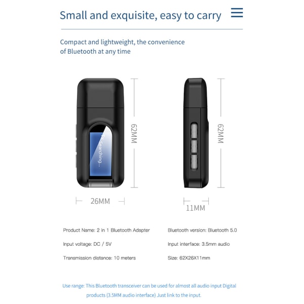 USB Bluetooth-sender og -mottaker 2 i 1 Trådløs 5.0-adapter med LCD-skjerm 3.5 mm AUX Stereo for PC TV Bil Hodetelefoner