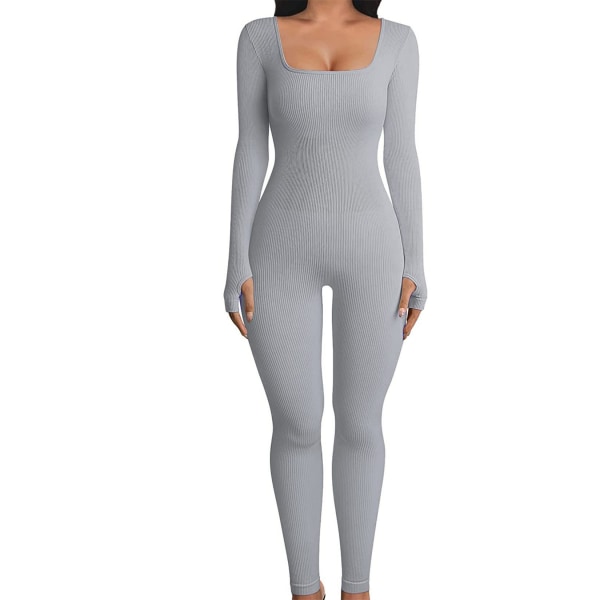 Yoga Fitness Jumpsuit med Trådad Kvadratisk Halsringning Light grey XL