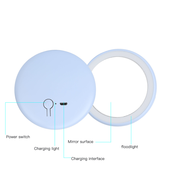 Kompakti meikkipeili kevyellä USB ladattavalla LED-pyöreällä kannettavalla pienellä taivaansinisellä peilillä