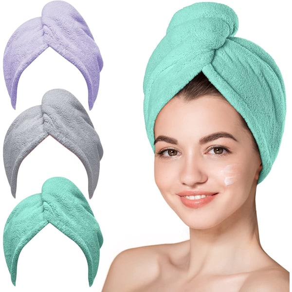 3-pack torrt hår handduk, superabsorberande snabbtorkande cap Purple grey green 25*70cm