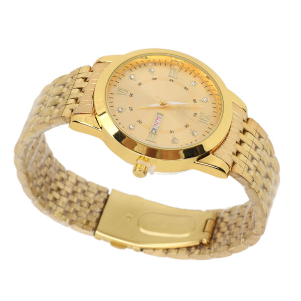 Armbandsur för Män Kvarts Dag Datum Vattentät Casual Lyx Luminous Mode Klänning Klocka med Legering Armband för Affärer Guld