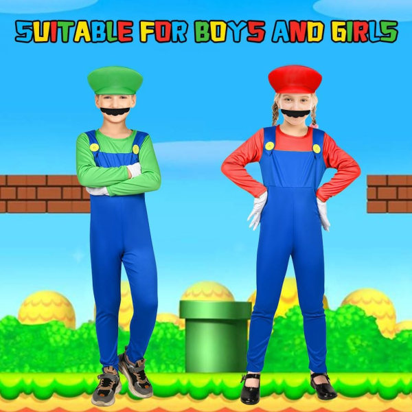 Mario-kostym för barn, 4-delad Mario-dräkt med body, Mario-hatt, skägg och handskar Red-S