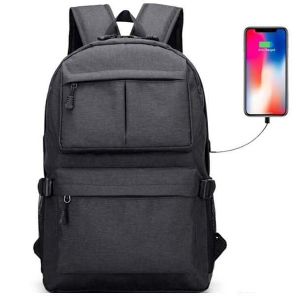 Hållbar Stor Ryggsäck med USB-Port - Svart Svart