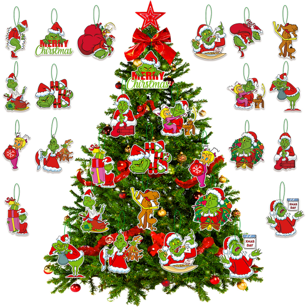 Christmas Tag Julgran hängande dekoration Grinch Santa Claus Party hängande prydnad hänge A:16 Pieces + Rope