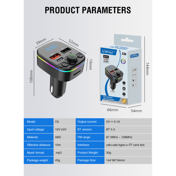 Bluetooth MP3-spiller for bil, håndfri samtale med kortinnstikk, spiller via bilens FM-sender