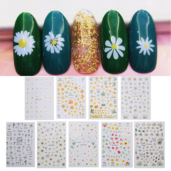 9 st 3D Nageldekor Sticker Marguerite Blomma Självhäftande DIY Manikyr Dekaler Verktyg