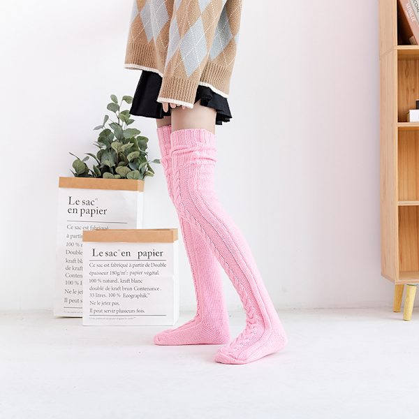 Varme Strikket Knæstrømper Høje Strømper Lårhøje Pink Average Size
