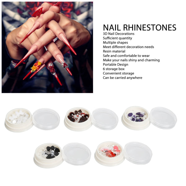 5 eske Blomstersommerfugl 3D Nail Art Charms Skinnende dekorative manikyr Charms med kunstige perler