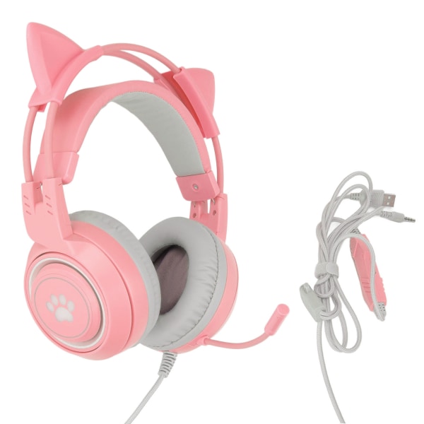 SYG25 Gaming Headset med katteører USB+3,5mm plugg Støtter volumjustering Mikrofon demping(Rosa )