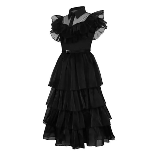 Halloween Wednesday Addams cosplay-kjole for barn i svart chiffon all black 110cm