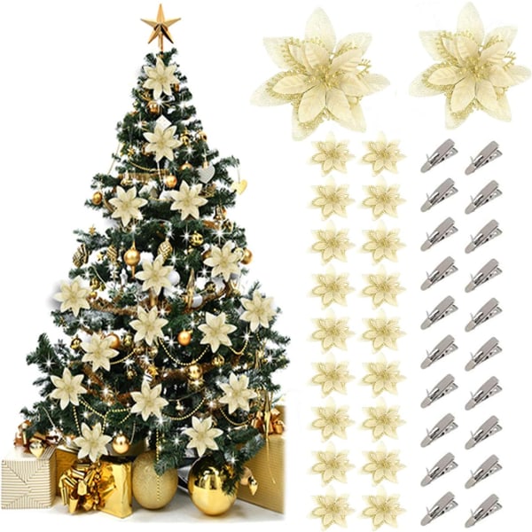 Hylzo 20st Julblommor Stora Glitter Julgransdekorationer med 20 träklämmor 1