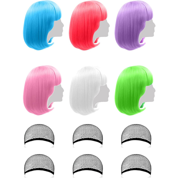 Färgade peruker 6-pack korta bob-peruker