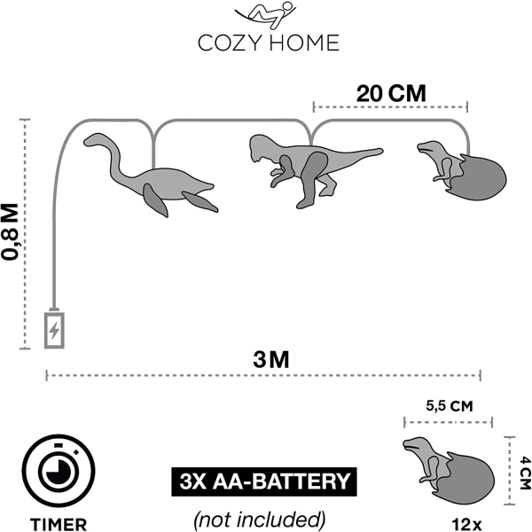 3 meter LED batteridrevet nattlys Dino dekorasjon