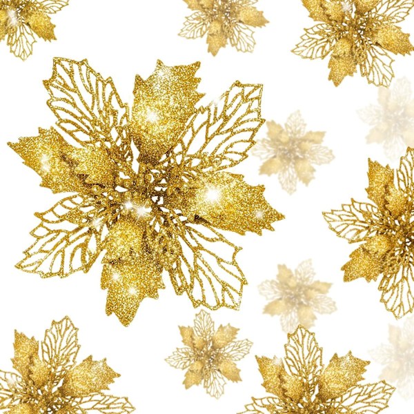Sunshine smile 12 stykker blomster til julepynt, juledekoration blomster gold