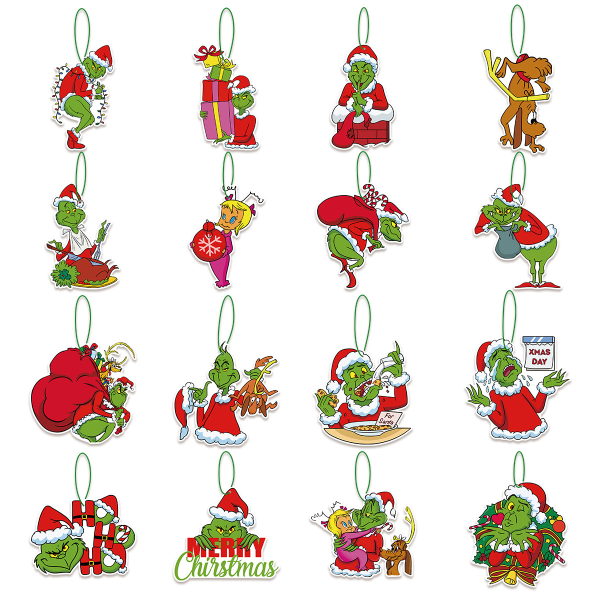 Christmas Tag Julgran hängande dekoration Grinch Santa Claus Party hängande prydnad hänge A:16 Pieces + Rope