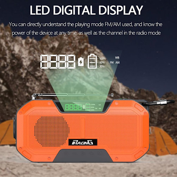 Vevradio 2000mAh Powerbank, Vattentät, LCD-Skärm, Solceller, Ficklampa