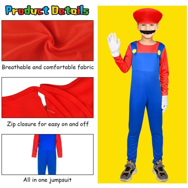 Mario-asu lapsille, 4kpl Mario Fancy Dress -asu Body-puvulla, Mario Cap, Parta ja Käsineet Red-L