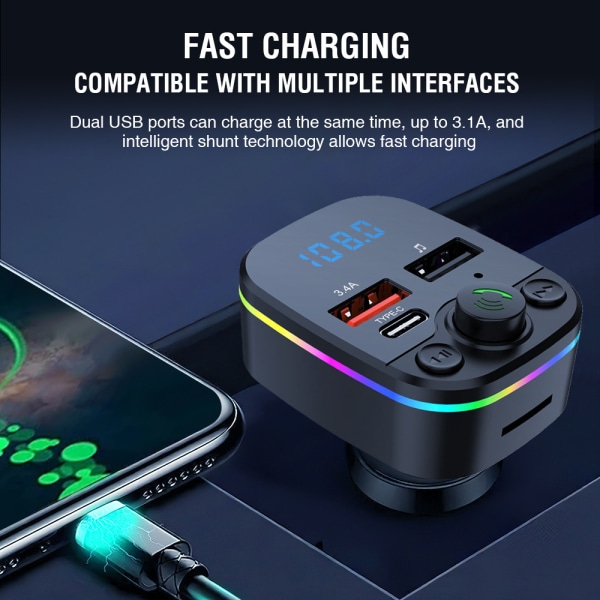 Bluetooth MP3-spiller for bil, håndfri samtale med kortinnstikk, spiller bil-FM-sender