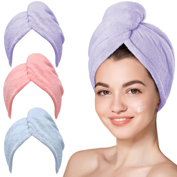 3-pack torrt hår handduk, superabsorberande snabbtorkande cap Purple pink blue 25*70cm
