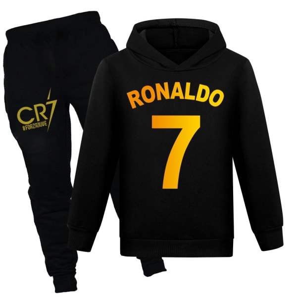 Børn Drenge Ronaldo 7 Print Casual Hættetrøje Træningsdragt Sæt Hættetrøje Top Pants Suit Black 160cm