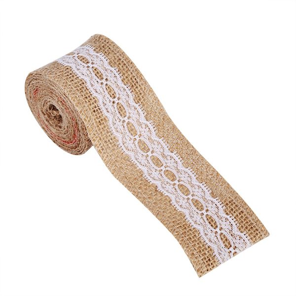 Naturligt Jute Burlap Band med Vit Spets Rustik Stil Bröllop Fest Hantverk Dekoration #4