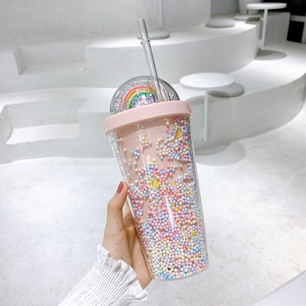 Vattenflaska med sugrör drickflaska 550 ml rosa A