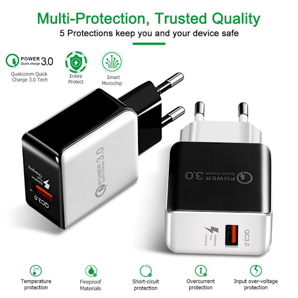 Universal QC3.0 USB-lader EU-kontakt 18W Hurtig lading 3.0 Rask adapter Vegg Mobiltelefonlader