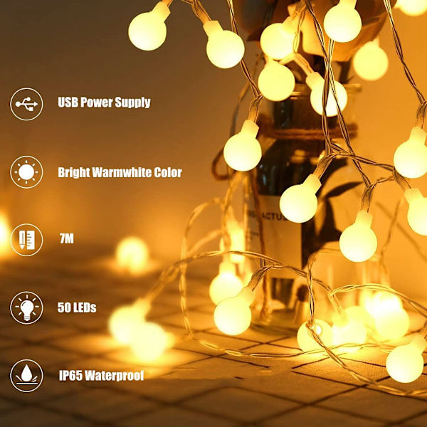 7m 50 LED-ljusslinga, USB, strömdriven matt boll