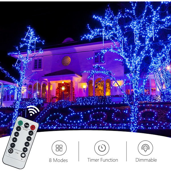 Fejelygter, Gritin 15M/49ft 150LED Julelys Udendørs/Indendørs Dekorationer, 8 Tilstande Fjernbetjening blue