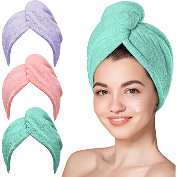 3-pack torrt hår handduk, superabsorberande snabbtorkande cap Purple pink green 25*65cm