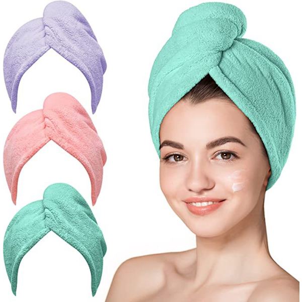 3 pak tørre håndklæder til hår, superabsorberende hurtigtørrende hårhætte Purple pink green 25*65cm