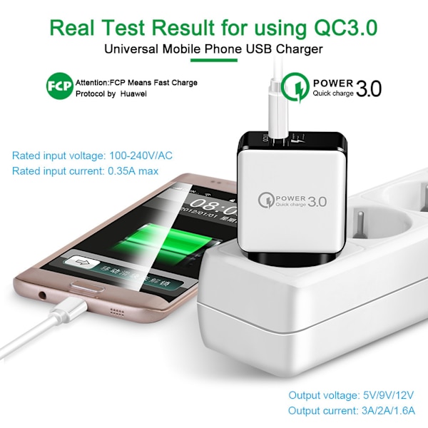 Universal QC3.0 USB-lader EU-kontakt 18W Hurtig lading 3.0 Rask adapter Vegg Mobiltelefonlader
