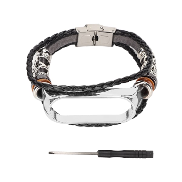 Læderrem Kompatibel med Xiaomi Mi Band 6 Armbånd Etnisk Stil Retro Urrem Armbånd Sort og Sølv