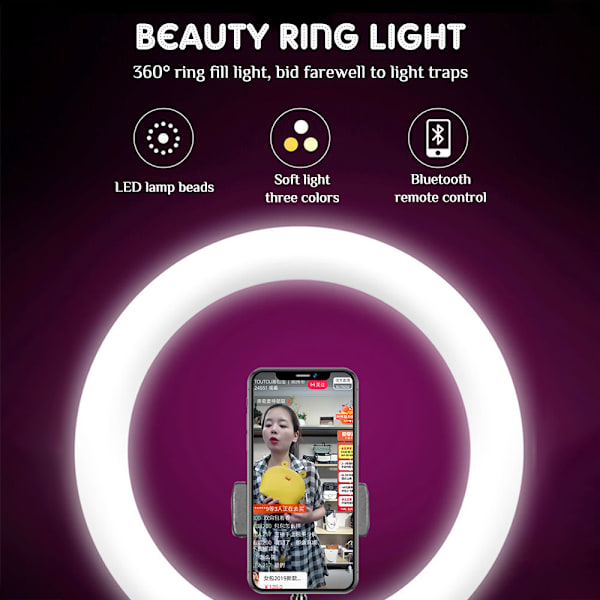 Selfie Lampe LED Ringlys Stativ 160 cm + Fjernbetjening Sort