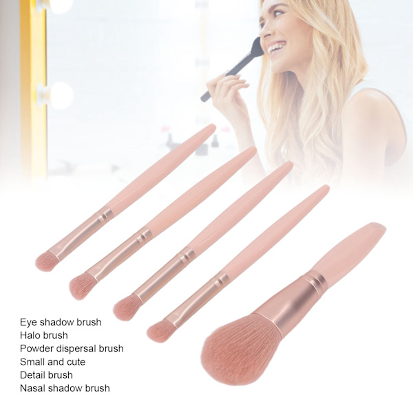 5-pack Sminkborste Set Bärbar Multifunktionell Kosmetisk Borste Set med Spegelask Aprikosrosa