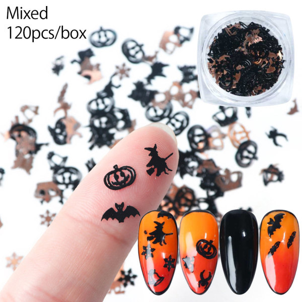 120 stk/sæt Halloween 3D Hollow Out DIY Charm Metal Pailletter skive Halloween Negle Flakes Nail Art Decal Tool