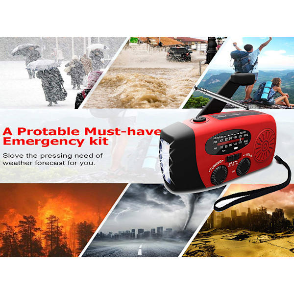 2000mAh Powerbank Multifunktionel Solradio Håndsving Strømproduktion radio Red