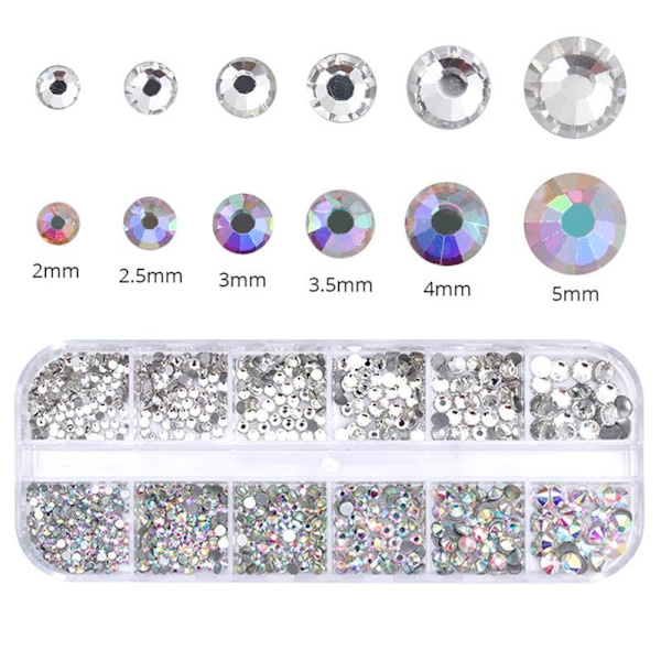 12 stk Rhinestones i forskjellige størrelser i boks - Negledekorasjoner