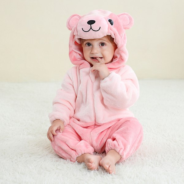 Flanellpyjamas för barn, djurdräkt Pink Bear XL（90-100m）