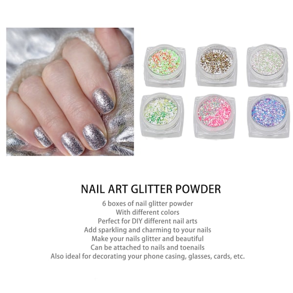 6 Ask Nagelkonst Glitterpulver Blandade Färger Superfint Manikyr Dekoration Damm Sand för Nagelsalong