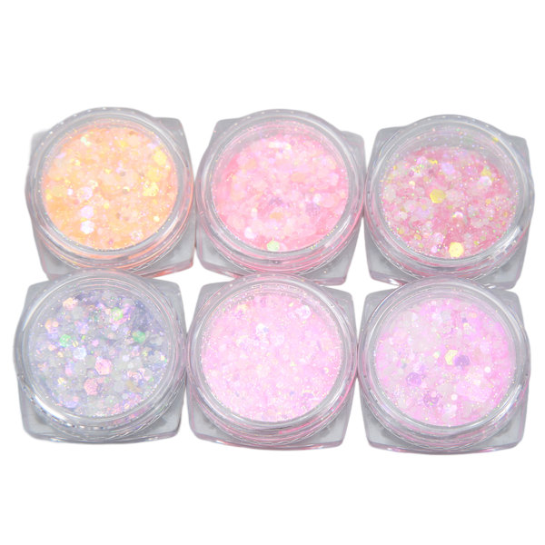 6 stk. Negleglitterpulversett Lysende Dekorative Sekvenser Kunstforbedringer for DIY Manikyr