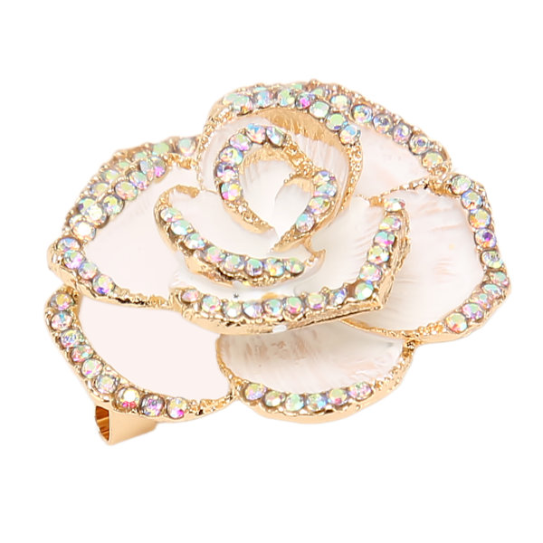 Vit Blomma Brosch Nål Kvinnor Retro Elegant Utsökt Legering Rhinestone Blomblad Brosch för Bröllop Bankett
