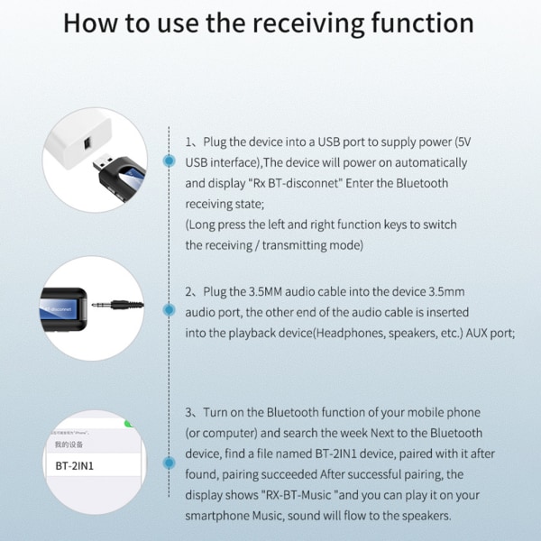 USB Bluetooth-sender og -mottaker 2 i 1 Trådløs 5.0-adapter med LCD-skjerm 3.5 mm AUX Stereo for PC TV Bil Hodetelefoner