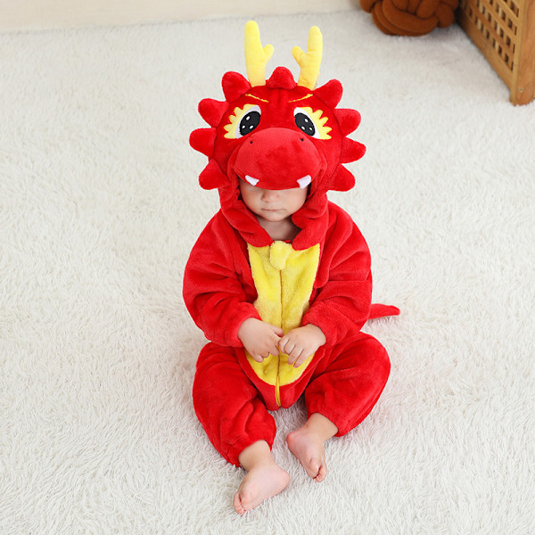 Flanellpyjamas för barn, djur-jumpsuit Red Dragon L（80-90cm）