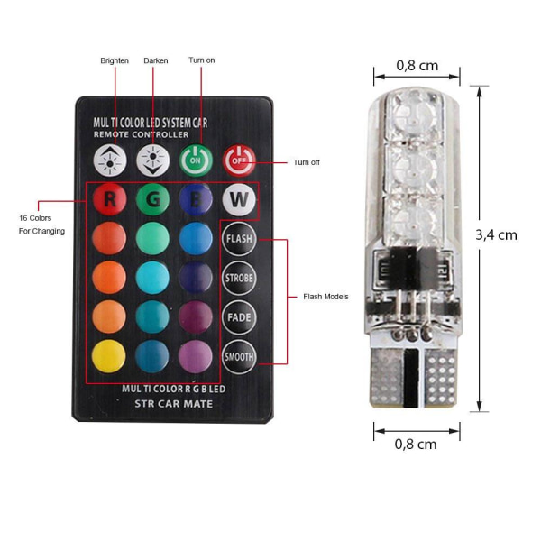 LED posisjonslys T10 - W5W RGB med fjernkontroll MultiColor